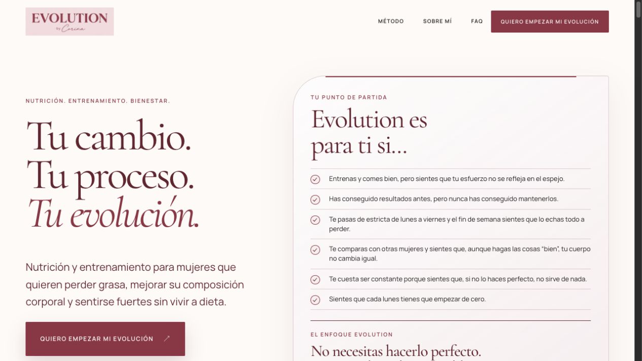 Captura de la web Evolution by Corina, con su diseño en tonos crema y burdeos
