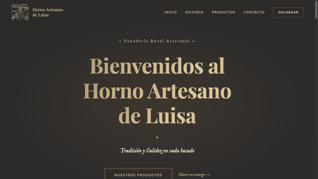 Captura de la web Horno Artesano de Luisa, con un diseño cálido en tonos oscuros y dorados